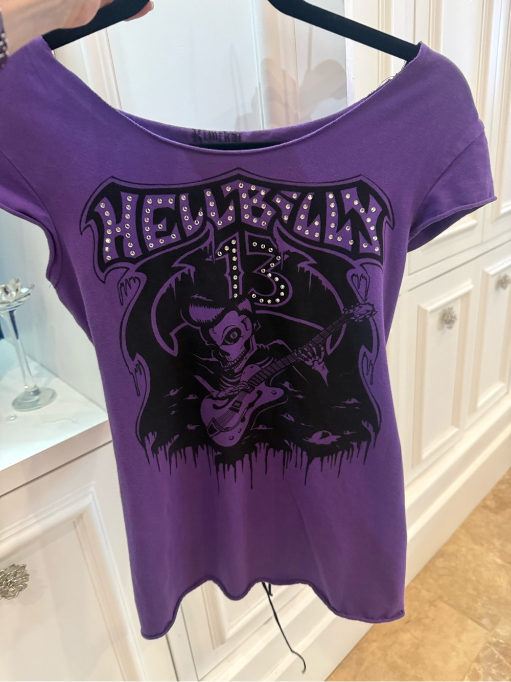 Purple Graphic Women’s Tee with Skull Guitar Print - Picture 5 of 6